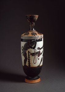 Sztuka grecka: „” Herakles i Atlas”” Szczegół Heraklesa (Herkulesa) Lekythos (lecyth) biały zrealizowany przez malarza Ateny (450-400 pne). Ateny, Narodowe Muzeum Archeologiczne autorstwa Athena Painter (workshop of)