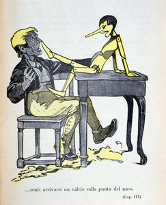 "Gepetto poczuł kopnięcie na czubku nosa", ilustracja z filmu "Pinokio" autorstwa Carlo Collodiego (1826-90) opublikowanego przez Bemporad w 1935 r. (kolorowa rycina)
