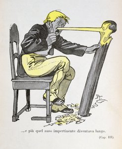 "Nos Pinokia zaczął rosnąć, podczas gdy Gepetto kontynuował rzeźbienie jego postaci", ilustracja z filmu "Pinokio" autorstwa Carlo Collodiego (1826-90) z 1935 r. (litografia kolorowa)