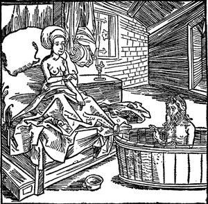 Kobieta i kąpiący się pustelnik. autorstwa attributed to Albrecht Dürer
