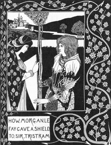 Legenda arturiańska: „” Opłata Morgane daje tarczę Tristanowi””” Grawerowanie w „Historii Tristana i jego przygód, w tym jego historii miłosnej z Izoldą”” „Śmierć Artura”” Sir Thomasa Malory