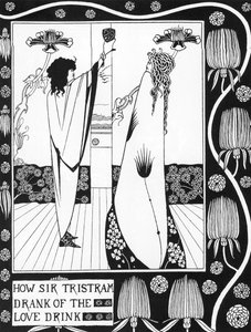Legenda arturiańska: „”Tristan pijący miłosny filtre”””Grawerowanie w„”Historia Tristana i jego przygód, w tym jego historia miłosna z Izoldą””” od Sir Thomas Malory, wydanie zilustrowane przez Aubrey Beardsley (1872-1898) ) 1893-1894 (Arturia autorstwa Aubrey Beardsley