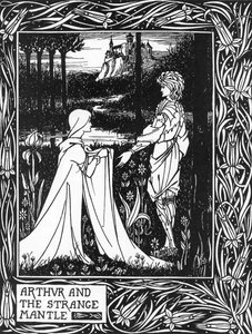 Król Artur odbierający wizytę młodej dziewczyny wysłanej za opłatą Morgane (Król Artur i dziwny płaszcz wysłany przez Morgana fay) Ilustracja Aubreya Beardsleya (1872-1898) z „Śmierci Artura” Thomasa Malory