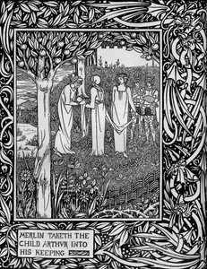 Merlin zabiera dziecko Artur do swojej pieczy, ok. 1893 r. autorstwa Aubrey Beardsley