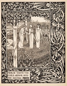 Merlin bierze dziecko Artura w opiekę, ilustracja z "Le Morte d