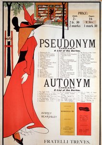 Plakat "Biblioteki Pseudonimów i Autonimów" (litografia kolorowa) autorstwa Aubrey Beardsley