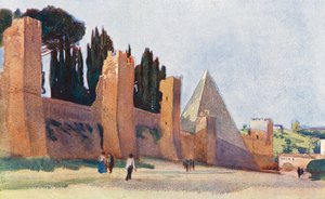 Rzym: Mur Aureliana z piramidą Gajusza Cestiusza (kolorowa litografia)