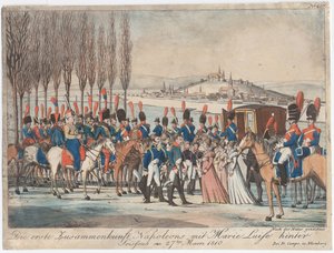 Napoleon przedstawia cesarzowej Marie-Luise swojej rodzinie przed pawilonem niedaleko Soissons autorstwa August Friedrich Andreas Campe