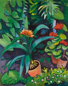 Kwiaty w ogrodzie, kliwie i pelargonie autorstwa August Macke