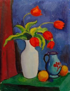 Czerwone tulipany w białym wazonie autorstwa August Macke