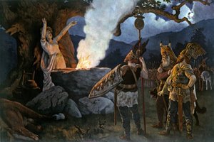 Wojownicy celtyccy konsultują się z kapłanką. Obraz Augustusa Dieffenbachera. autorstwa August Wilhelm Dieffenbacher