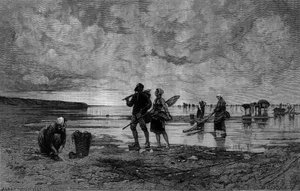 Wielka klacz w Kanale (XIX wiek): rybacy muszli na plaży. Grawer na podstawie obrazu Hagborg Auguste Wilhem Nikolaus (1852-1921/1925) w „Świat ilustracyjny” nr 1219 z 7 sierpnia autorstwa August Wilhelm Nikolaus Hagborg