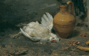 Martwa natura z martwym kurczakiem i dzbankiem