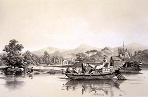 Chiński prom między urzędami celnymi w Tchynay i Canton, tablica 18 ze „Sketches of China”, rytowana przez Eugene’a Ciceri (1813-90) 1842 (podbarwiony lit)