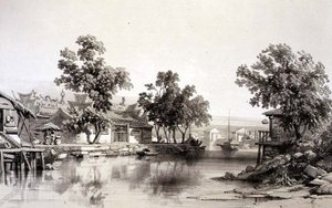 Świątynia i Kanał Honan, tablica 29 ze „Szkiców Chin”, rytowana przez Eugene’a Ciceri (1813-90) 1842 (podbarwiony lit)