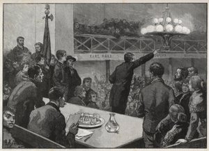 Spotkanie na strajk w Vooruit w 1885 - grawerowanie w 1885 „Le monde illustrious” - rysunek Gerardina autorstwa Auguste (after) Gerardin
