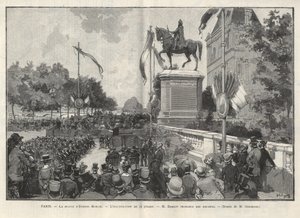 Paryż - - Przemówienie pana Darlota podczas inauguracji 15 lipca 1888 r. w Hotel de Ville de Paris pomnika Etienne Marcela - Rysunek Gerardina w „The Illustrous World” z 1888 autorstwa Auguste (after) Gerardin