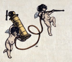 Radość z clystere. Dwa anioły noszące pompę do lewatywy. Ilustracja autorstwa Auguste Leroux (1871-1954) autorstwa Auguste (after) Leroux