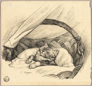 Kot śpiący w koszu autorstwa Auguste Andre Lancon