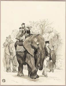 Słoń z jeźdźcami w Jardin des Plantes, Paryż autorstwa Auguste Andre Lancon