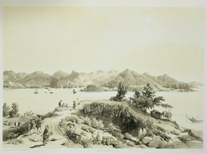 Zatoka i wyspa Hongkongu, tablica 4 ze „Szkiców Chin”, rytowana przez Eugene Ciceri (1813-90) 1842 (podbarwiony lit)