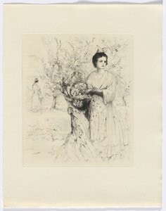 Frédéric Mistral: Mémoires et Recits Frédérica Mistrala: kobieta na zewnątrz z koszem kwiatów (wstawka po s. 192) autorstwa Auguste Brouet