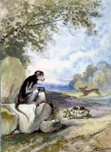 Ilustracja do bajki „Zając i żółw” autorstwa Jeana de La Fontaine. Akwarela Auguste Delierre (1829-c.1890) autorstwa Auguste Delierre