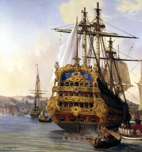 Statek „le foudroyant” w porcie w Brześciu w 1724 roku” Detal. obraz Auguste Mayera (1805-1890) 1724 Brześć, Muzeum Sztuk Pięknych - Statek „Le Foudroyant””” w porcie Brześć