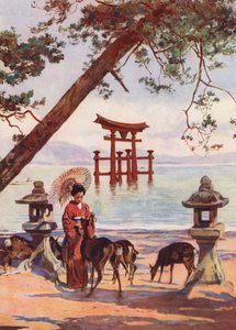 Torii w Miyajima, Japonia (kolorowa litografia)