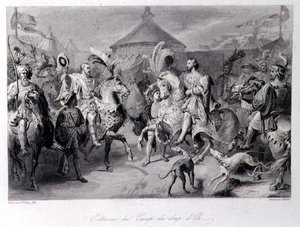 Spotkanie na polu płótna złotego, 24 czerwca 1520, sztychowane przez Millina (rycina) autorstwa Auguste Hyacinthe (after) Debay