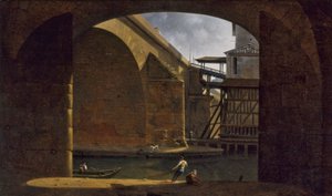 Most Notre-Dame i pompa widziane ze sklepienia Quai de Gesvres, 1816 (olej na płótnie) autorstwa Auguste Jacques Regnier