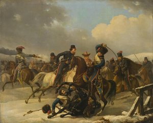 Kozacy ścigali wycofujących się żołnierzy francuskich, 1812, 1827 autorstwa Auguste Joseph Desarnod