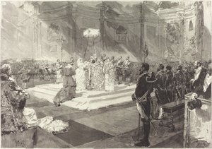 Królewski chrzest na dworze Hiszpanii autorstwa Auguste Lepère after Daniel Vierge