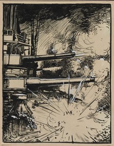 Bomba eksplodująca na kirysie z wycelowanymi armatami, 1914. autorstwa Auguste Louis Lepère