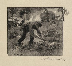 Las Fontainebleau: Ciągnięcie wrzosu La Forêt de Fontainebleau: Arracheurs de Bruyères, 1890. autorstwa Auguste Louis Lepère