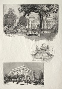 Ilustrowany Rouen: Muzeum; Fontanna Mariacka; Teatr Sztuki autorstwa Auguste Louis Lepère