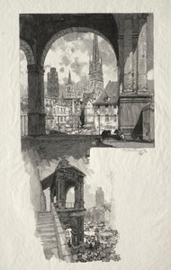 Ilustrowany Rouen: Wycieczka po Place de la Haute Vieille; Edykuł Dumy autorstwa Auguste Louis Lepère