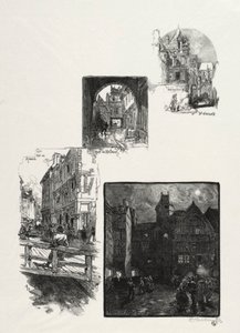 Ilustrowany Rouen: Rue des Charretes; Ulica Halage; Rue Eau de Robec; Plac Sztuki autorstwa Auguste Louis Lepère