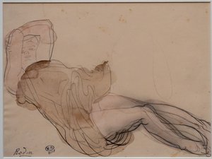 Leżąca, półnaga kobieta z rękami skrzyżowanymi za głową autorstwa Auguste Rodin