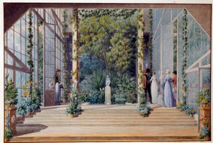 Wizyta w ciepłej szklarni zamku Malmaison Aquarelle – Auguste Garneray (1785-1824) 1823 nd. 0,16x0,24 m Malmaison, musee du chateau