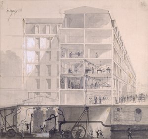 Przekrój mieszkań robotniczych w XI dzielnicy Paryża, ok. 1875 (pióro i atrament i gwasz na papierze)