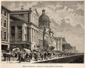 Le marche de Bonsecours, turystyczne i kulturalne centrum Montrealu, rytowane według rysunku A.Deroy, ilustrującego wycieczkę do Kanady i Riviere Rouge du nord, autorstwa H. De Lamotte, w 1873 r., opublikowane w „” Le tour du monde””” 1875, pod redakcją Ed