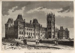 Pałac Parlamentu w Ottawie, wybudowany w latach 1859-1876, rytowany według rysunku A.Deroy, ilustrującego wyprawę do Kanady i Czerwoną Rzeką Północy, autorstwa H. De Lamotte w 1873 r., opublikowany w „”Le tour du monde””” 1875, pod redakcją Edouarda