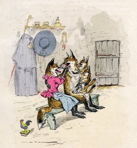 Ilustracja A. Vimara do powieści de Renart (powieść lisa), wydanie Henri Laurens XIX wiek - Goupil i lis Hermelina, jego żona, dom, z dziećmi lisy -