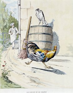 Sokół i kapłon w „”Bajkach La Fontaine, il. Auguste Vimar (1851-1916), Tours, w A, Mame & Son