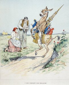 Osioł niosący relikwie w „”Fables de La Fontaine, il. autor: Auguste Vimar (1851-1916), Tours, w A, Mame & Fils
