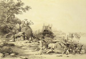 Łodzie mieszkalne na Zatoce Cowloon, tablica 6 ze Szkiców chińskich, rytowana przez Eugene Ciceri (1813-90) 1842 (podbarwiony lit) autorstwa Auguste after Borget