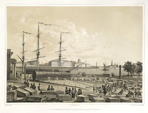 Rozładunek dwóch kolumn w Admiralicji Od: Budowa katedry św. Izaaka, 1845 autorstwa Auguste de Montferrand