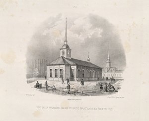 Widok pierwszego kościoła św. Izaaka w 1710 r. Z: Budowa katedry św. Izaaka, 1845 r.