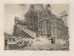 Widok katedry otoczonej drewnianymi rusztowaniami Z: Budowa katedry św. Izaaka, 1845